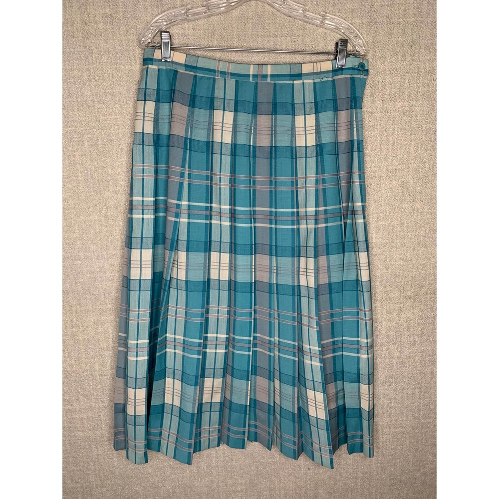 Pendleton Skirt Vintage Womens 16 Plaid Blue White Tag Gold 32 inch Wool Pleated